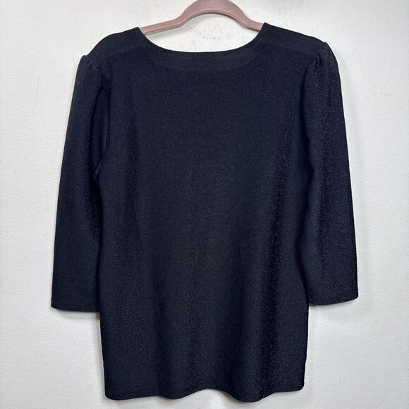 (T4) NWT ANN TAYLOR NWT Metallic Fringe Tweed Black Gold 3/4 Sleeve Top, Sz L - Picture 2 of 12